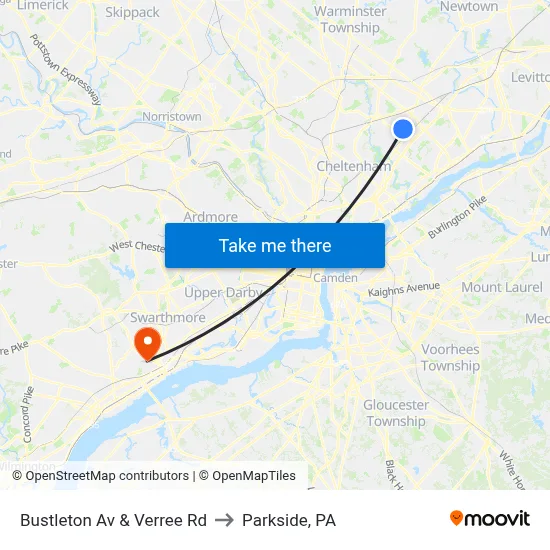 Bustleton Av & Verree Rd to Parkside, PA map