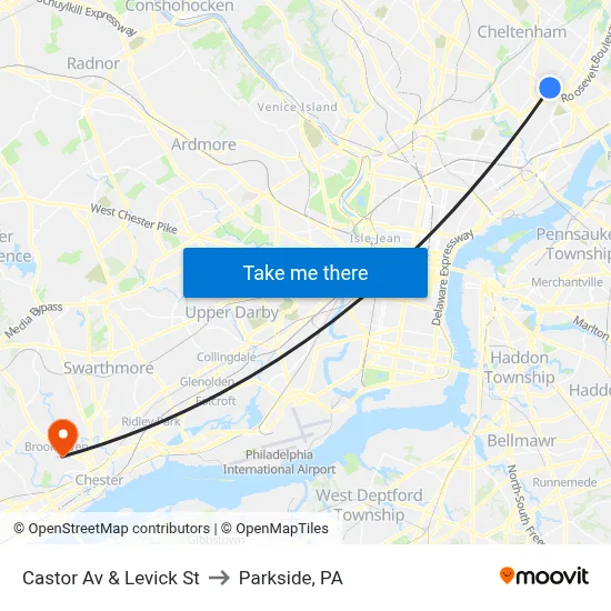 Castor Av & Levick St to Parkside, PA map