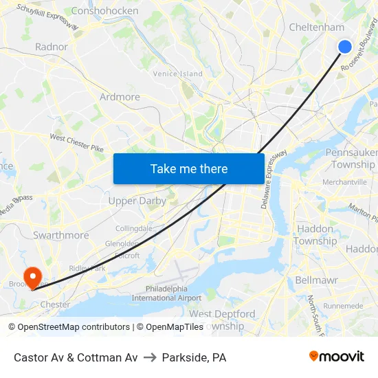 Castor Av & Cottman Av to Parkside, PA map