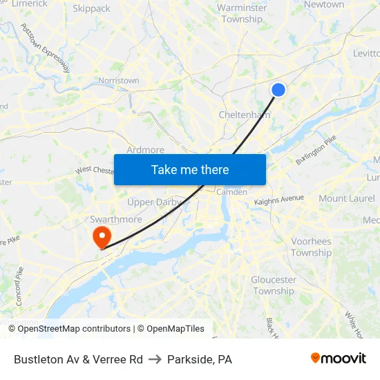 Bustleton Av & Verree Rd to Parkside, PA map