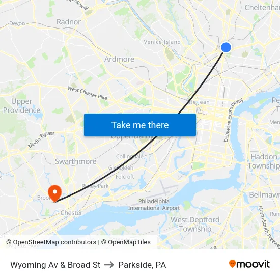 Wyoming Av & Broad St to Parkside, PA map