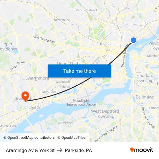 Aramingo Av & York St to Parkside, PA map