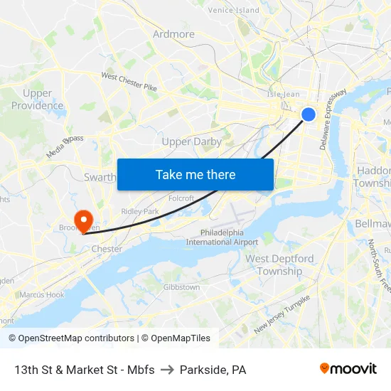 13th St & Market St - Mbfs to Parkside, PA map