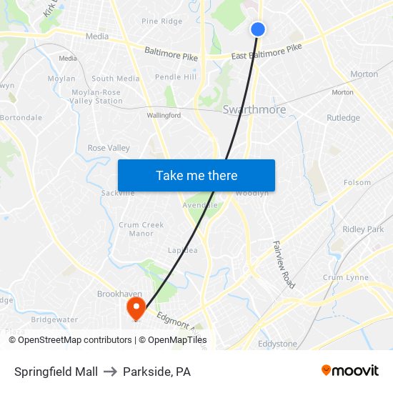 Springfield Mall to Parkside, PA map