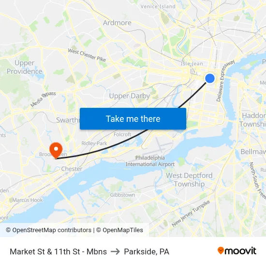 Market St & 11th St - Mbns to Parkside, PA map