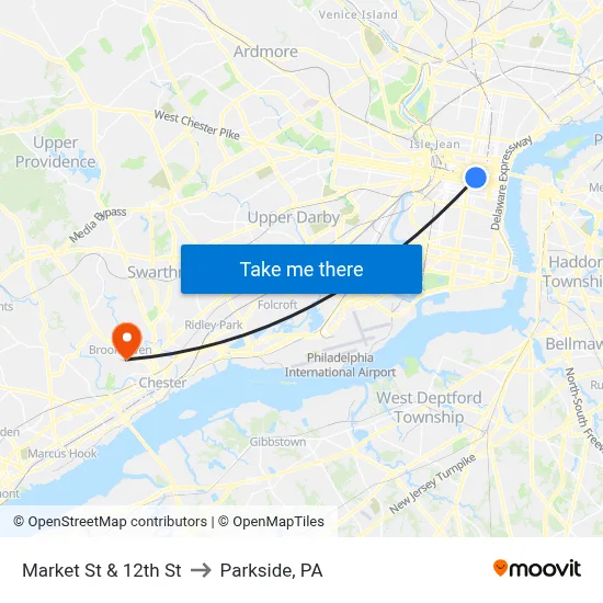 Market St & 12th St to Parkside, PA map