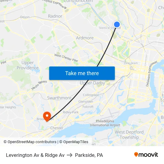 Leverington Av & Ridge Av to Parkside, PA map