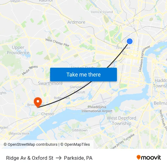 Ridge Av & Oxford St to Parkside, PA map