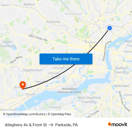 Allegheny Av & Front St to Parkside, PA map