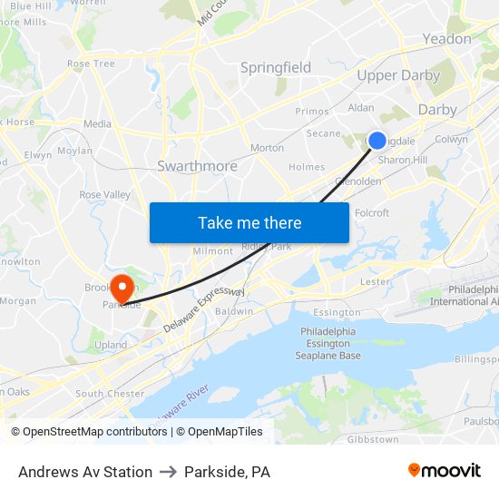 Andrews Av Station to Parkside, PA map