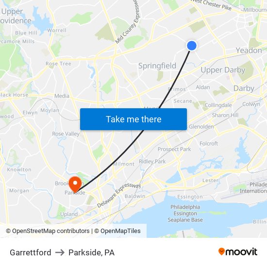 Garrettford to Parkside, PA map