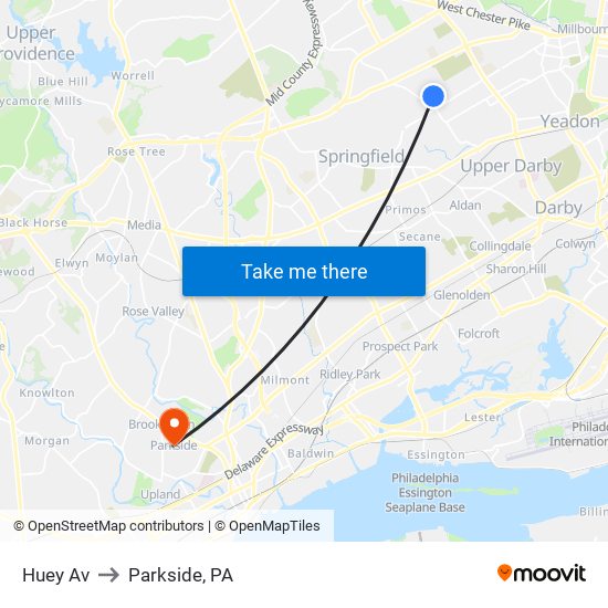 Huey Av to Parkside, PA map