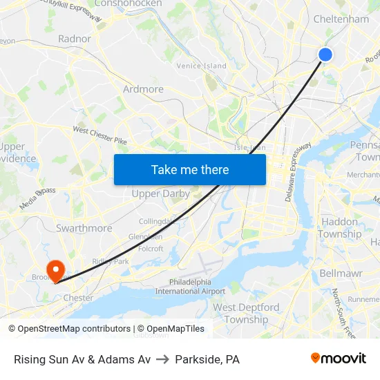Rising Sun Av & Adams Av to Parkside, PA map
