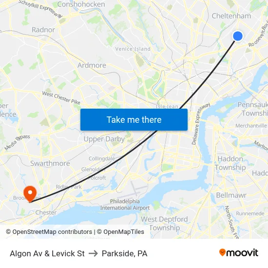 Algon Av & Levick St to Parkside, PA map