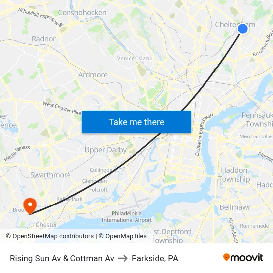 Rising Sun Av & Cottman Av to Parkside, PA map