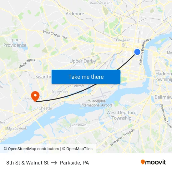 8th St & Walnut St to Parkside, PA map