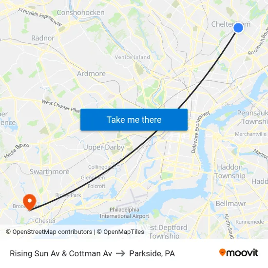 Rising Sun Av & Cottman Av to Parkside, PA map