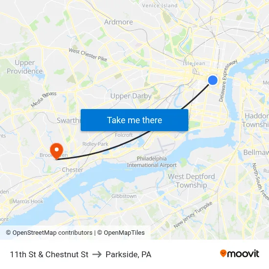 11th St & Chestnut St to Parkside, PA map