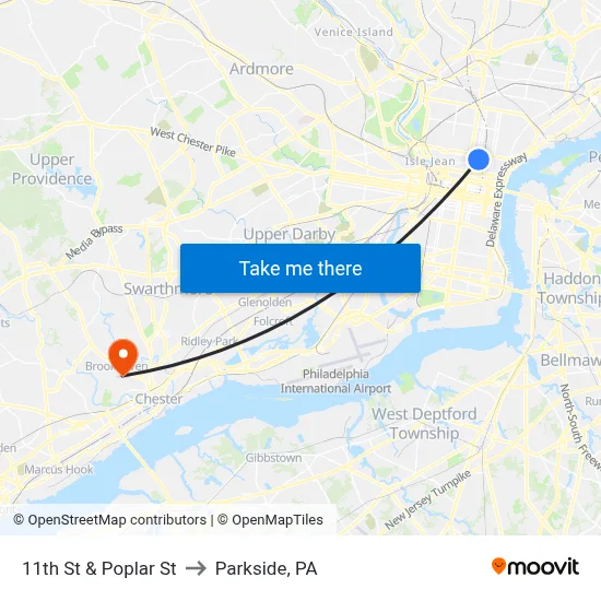 11th St & Poplar St to Parkside, PA map