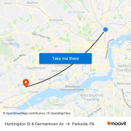 Huntingdon St & Germantown Av to Parkside, PA map