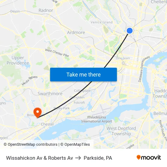 Wissahickon Av & Roberts Av to Parkside, PA map