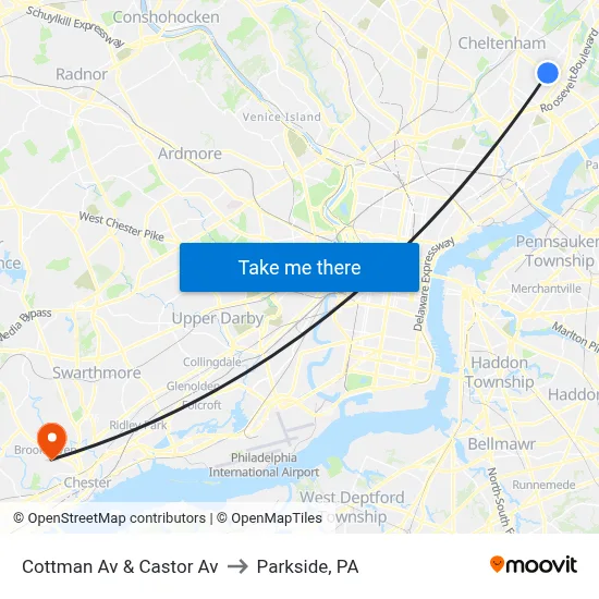 Cottman Av & Castor Av to Parkside, PA map