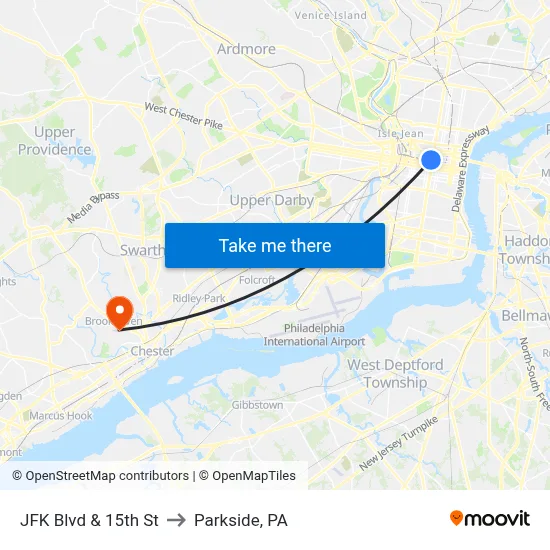 JFK Blvd & 15th St to Parkside, PA map