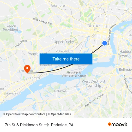 7th St & Dickinson St to Parkside, PA map