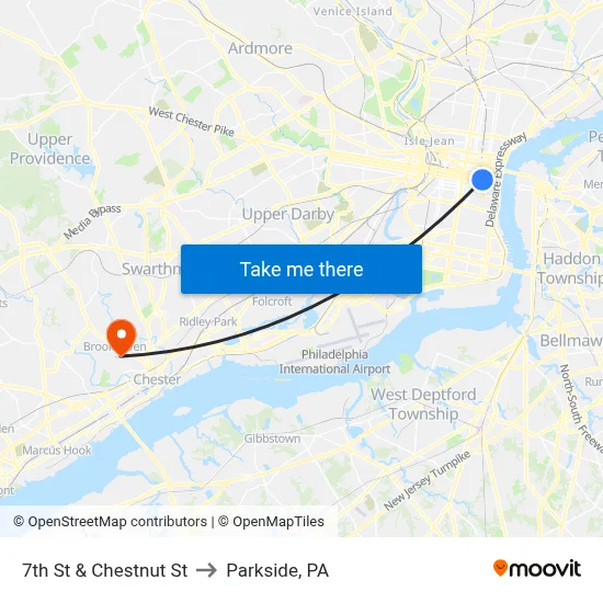 7th St & Chestnut St to Parkside, PA map
