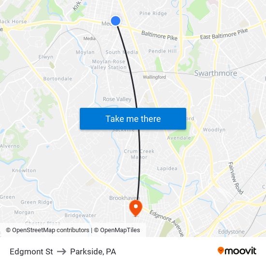 Edgmont St to Parkside, PA map