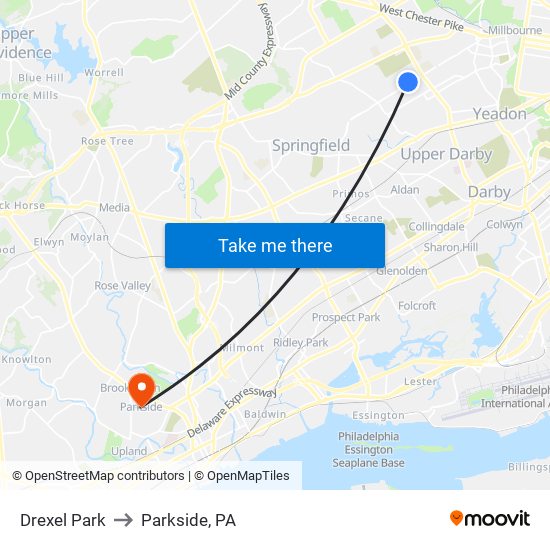 Drexel Park to Parkside, PA map