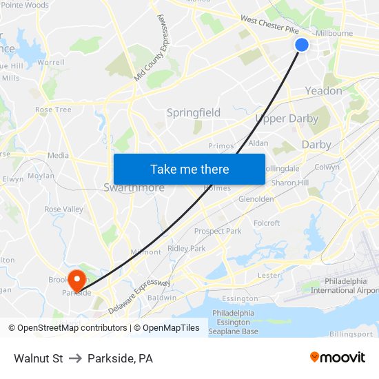 Walnut St to Parkside, PA map