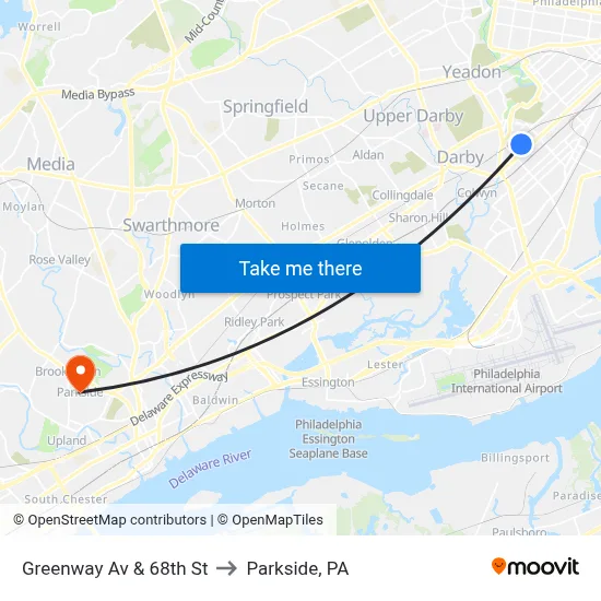 Greenway Av & 68th St to Parkside, PA map