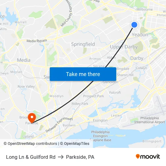 Long Ln & Guilford Rd to Parkside, PA map