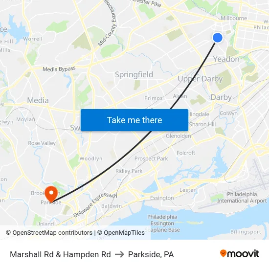 Marshall Rd & Hampden Rd to Parkside, PA map
