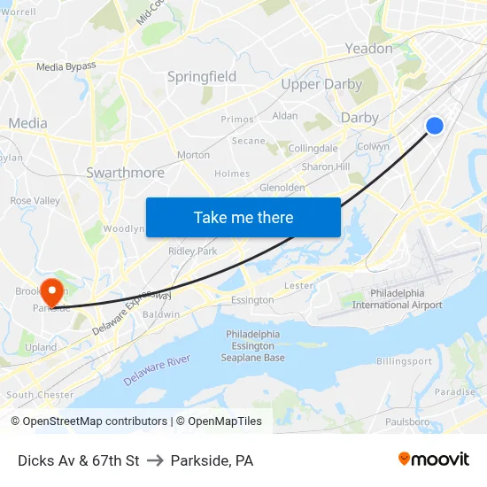 Dicks Av & 67th St to Parkside, PA map
