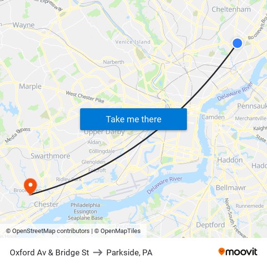 Oxford Av & Bridge St to Parkside, PA map