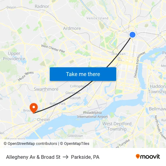 Allegheny Av & Broad St to Parkside, PA map