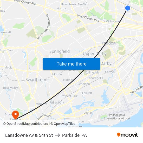 Lansdowne Av & 54th St to Parkside, PA map
