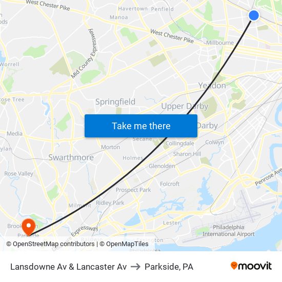 Lansdowne Av & Lancaster Av to Parkside, PA map