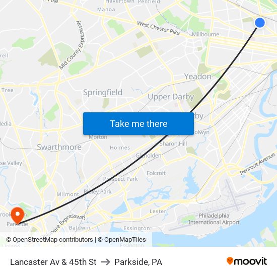 Lancaster Av & 45th St to Parkside, PA map