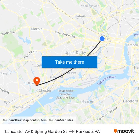 Lancaster Av & Spring Garden St to Parkside, PA map