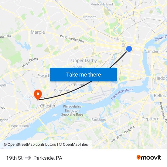 19th St to Parkside, PA map
