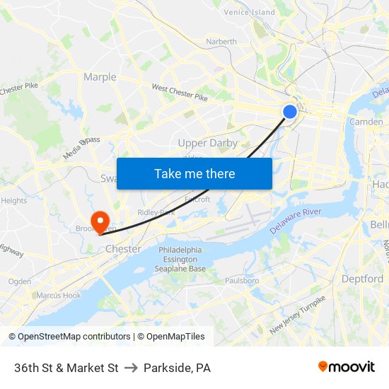 36th St & Market St to Parkside, PA map