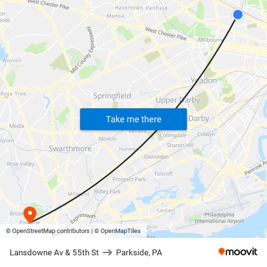 Lansdowne Av & 55th St to Parkside, PA map