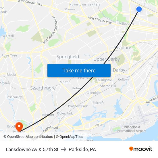 Lansdowne Av & 57th St to Parkside, PA map