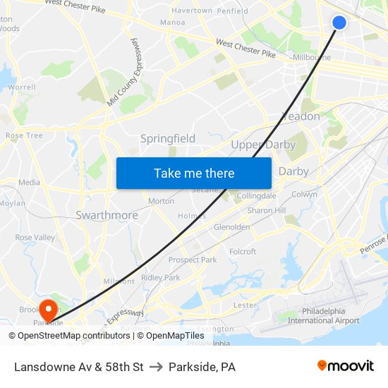 Lansdowne Av & 58th St to Parkside, PA map