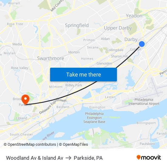 Woodland Av & Island Av to Parkside, PA map