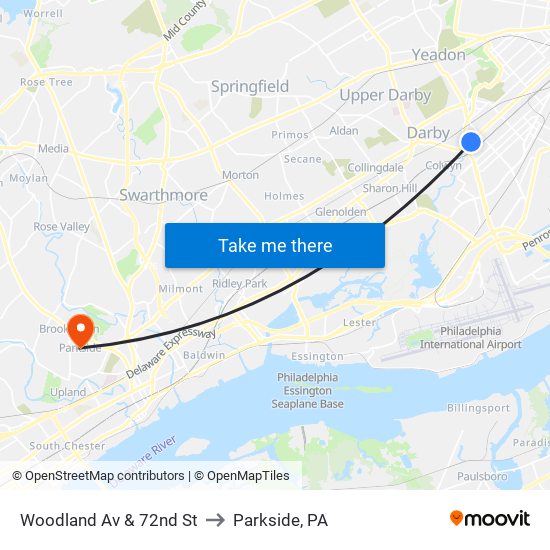Woodland Av & 72nd St to Parkside, PA map