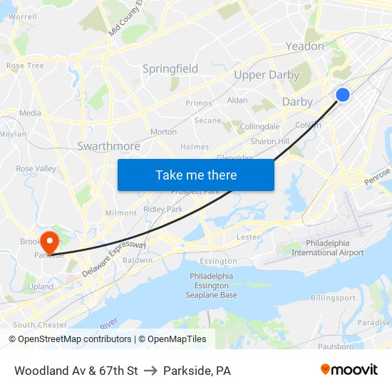 Woodland Av & 67th St to Parkside, PA map